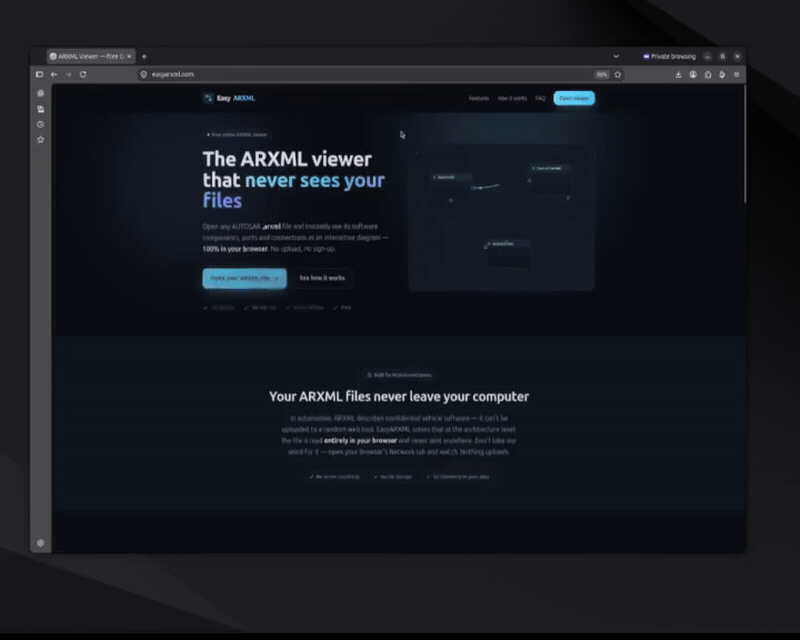EasyARXML parsing an ARXML file entirely in the browser, with no upload or server round-trip