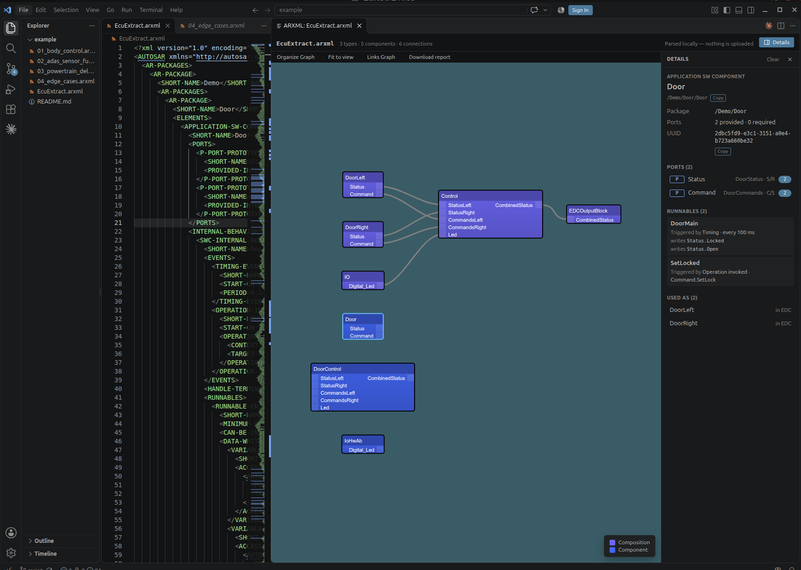 EasyARXML previewing an ARXML file in VS Code: the XML on the left, the component diagram in the middle, and the details panel on the right
