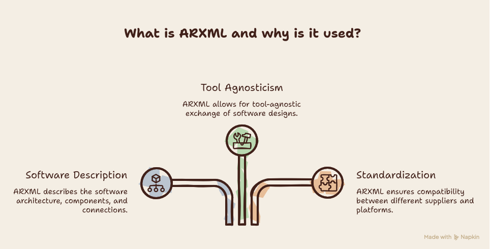 An ARXML file visualized as AUTOSAR software components, ports and connectors